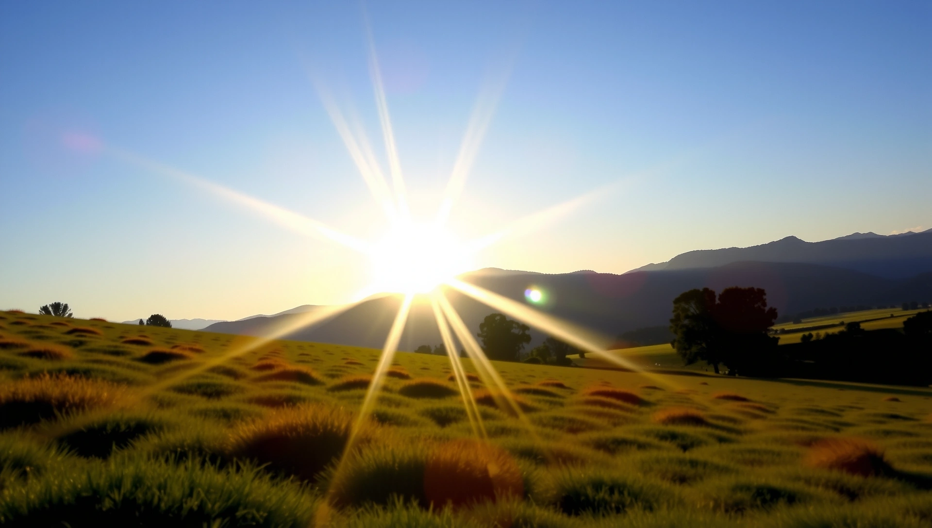 Un campo verde exuberante al amanecer con montañas en la distancia, simbolizando salud y naturaleza.