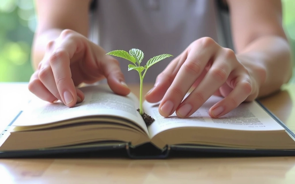 Manos sosteniendo una planta joven que crece de un libro, simbolizando conocimiento y naturaleza