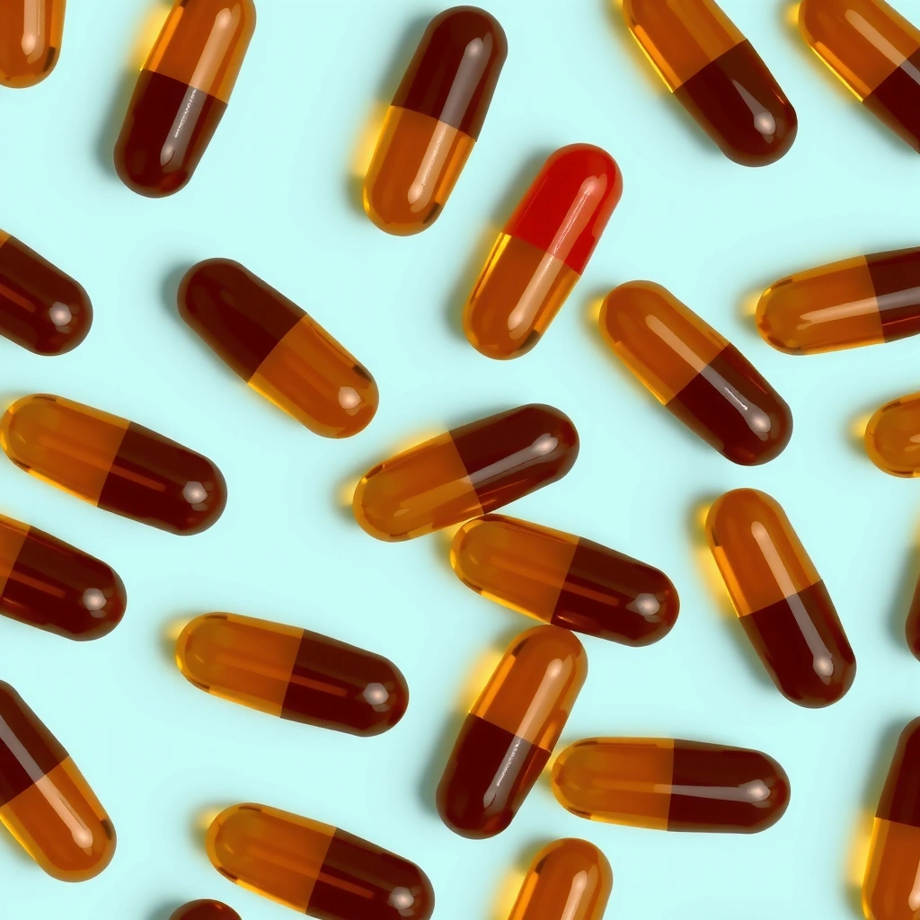 Cápsulas de Omega-3 sobre un fondo azul claro