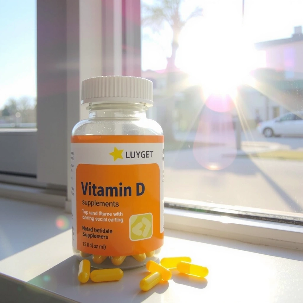 Un recipiente con vitamina D y un haz de sol