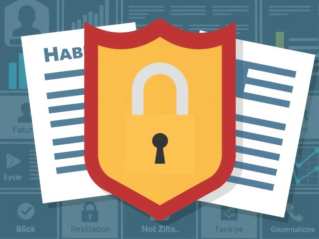 Ilustración de derechos de autor y protección de datos, con un escudo y un candado sobre un fondo de documentos.