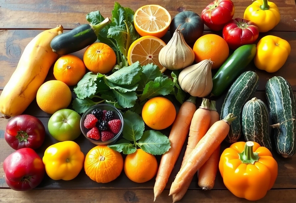 Variedad de frutas y verduras frescas ricas en vitaminas